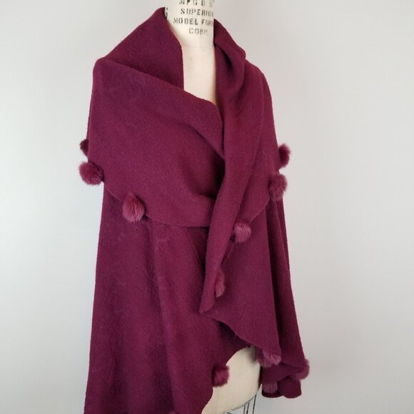 Vintage Wine Burgundy Knit Long Vest with Dramatic Collar & Rabbit Fur Pom Poms - Picture 7 of 11